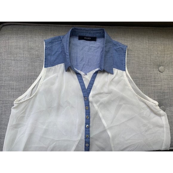 Ellen White Sheer Blouse Sleeveless Button Up Chambray Trim Envelope Back Large - Picture 1 of 5